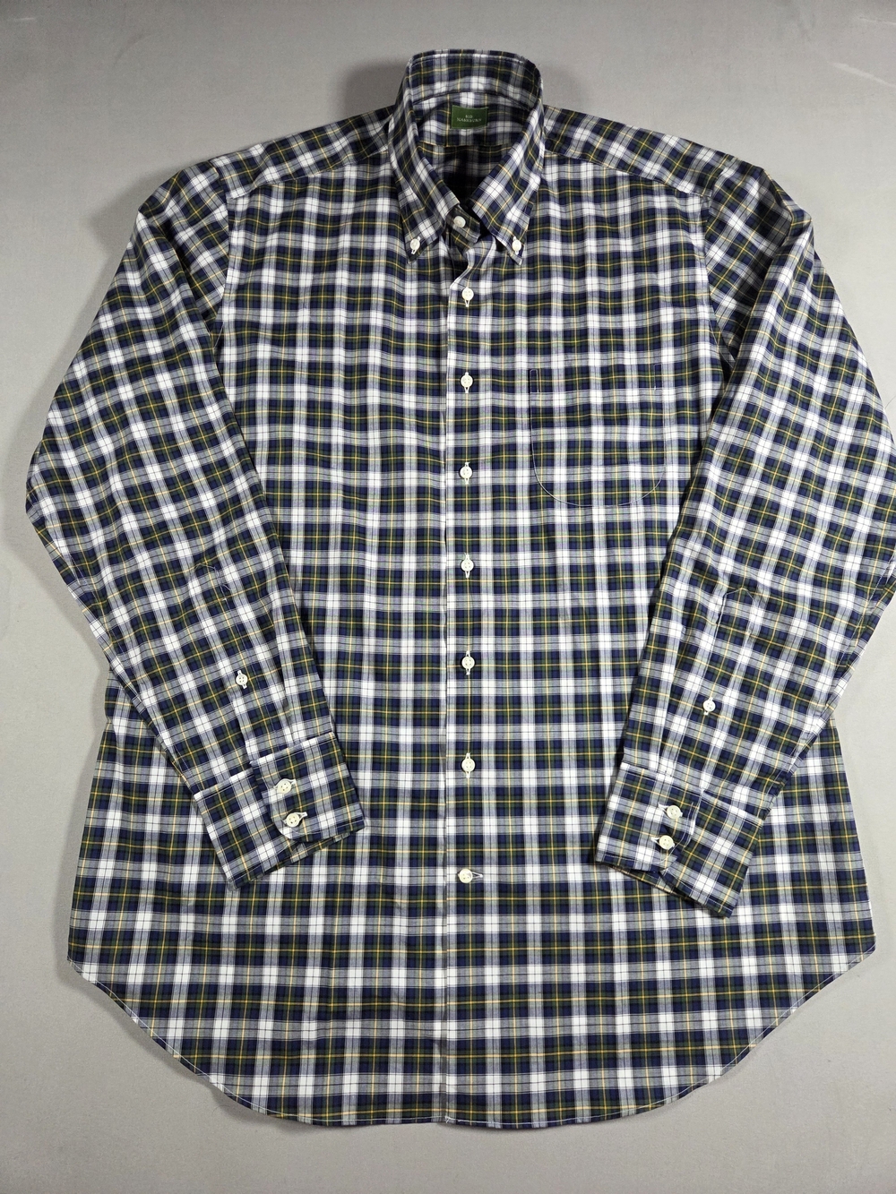 Sid Mashburn Navy, White & Yellow Plaid Button-Down Shirt Large